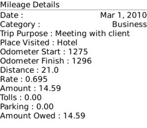 MileageManager for blackberry app Screenshot