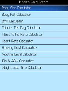 Health Calculators for blackberry app Screenshot