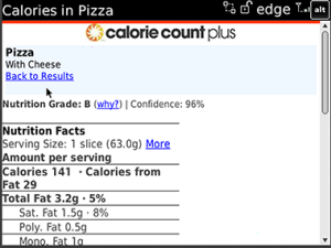 Calorie Count Nutrition Search for blackberry app Screenshot