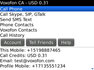 Voxofon International Calls and SMS for blackberry app Screenshot