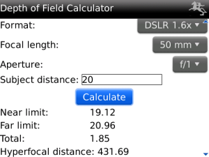 Depth of Field Calculator for blackberry Screenshot